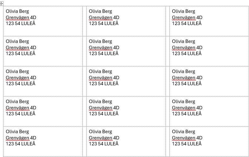 Adressetiketter i Word med samma adress upprepad på alla etiketter